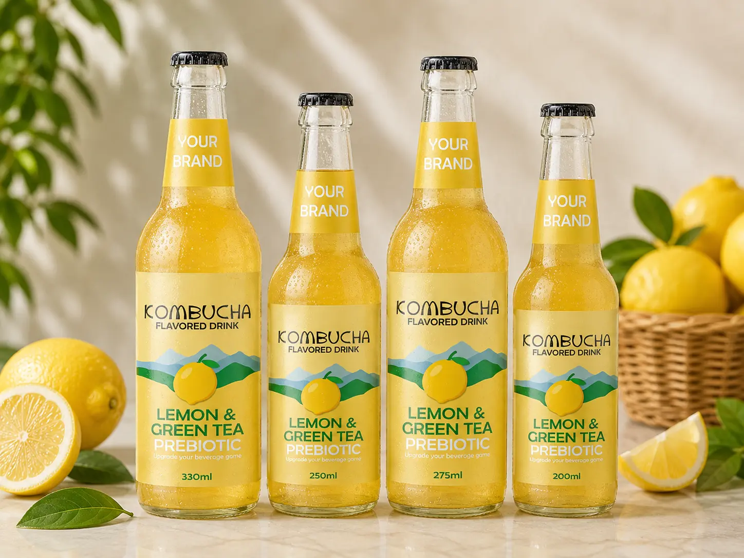 KOMBUCHA DRINK Lemon and Green Tea Prebiotic in 200ml, 250ml, 275ml and 330ml glass bottles.